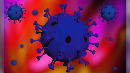 Coronavirus computer generated image on a red and orange backgroundの写真素材