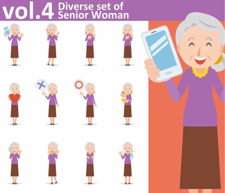 diverse set of old woman on white backgroundのイラスト素材