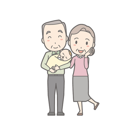 Illustration of an old couple standing holding a baby.のイラスト素材