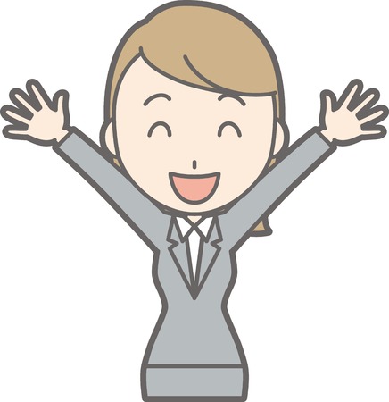Illustration that a young woman in suit wears both hands and laughingのイラスト素材