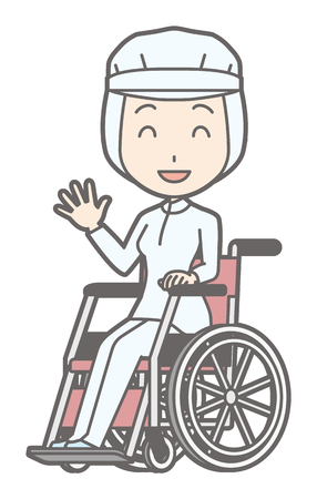A female worker is sitting in a wheelchair and wavingのイラスト素材