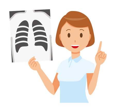 Illustration of a female nurse wearing a white uniform holding an xray picture.のイラスト素材