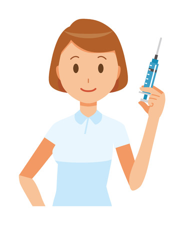 Illustration of a female nurse wearing a white uniform holding a syringe.のイラスト素材