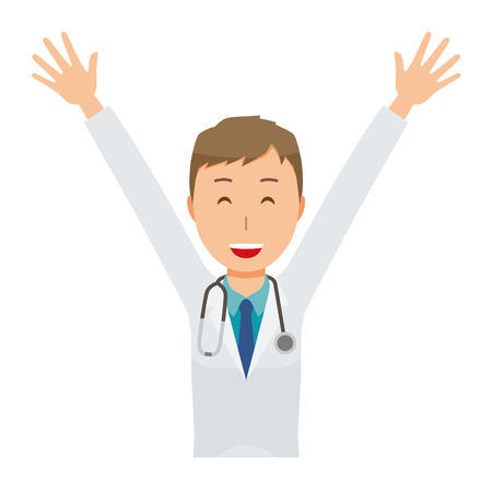 A young male doctor wearing a white suit is raising his handsのイラスト素材