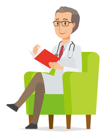 A middle-aged male doctor wearing a white suit sits on a sofa and is reading booksのイラスト素材