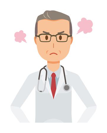 A middle-aged male doctor in a white suit is angryのイラスト素材
