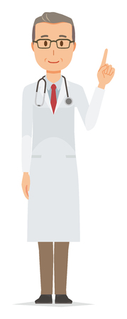 A middle-aged male doctor wearing a white suit is pointing at a fingerのイラスト素材