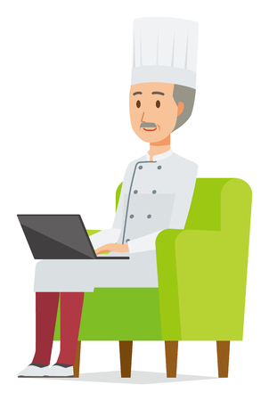 An elderly male chef wearing a cook coat is sitting on a sofa and operating a laptop computerのイラスト素材