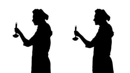 Two black silhouettes of cook girl trying dish of ladle.の写真素材