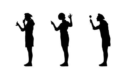 Three black silhouettes of cook woman in uniform trying dish.の写真素材