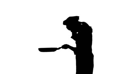 Black silhouette of chef in a hat and apron is frying and sniffing a dish. Isolated on white background. For use in presentations, education manuals, design, etc.の写真素材