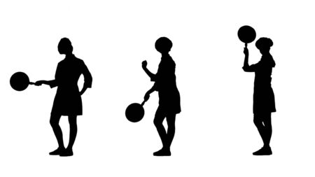 Three black silhouettes of lady cook skillfully handles skillet and pot.の写真素材