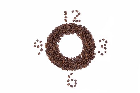 Coffee beans gathered are laid out in a circle with numbers symbolize the clock isolated on white background top view.の写真素材