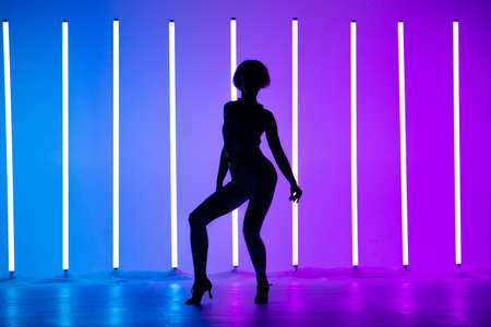 Young stylish girl dancing in the Studio on a colored background with neon lighting lamp. Music dj poster design. Dark silhouette.の写真素材