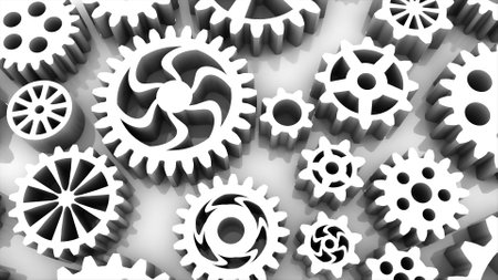 Metallic gears at grey background. Decorative frame. Abstract seamless grey surface. 3D rendering. Close upの写真素材