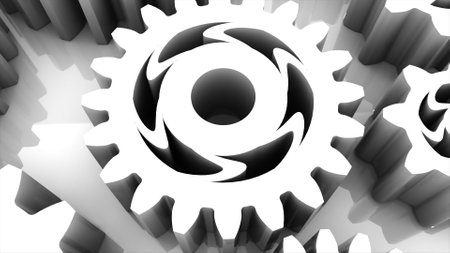 Metallic gears at grey background. Decorative frame. Abstract seamless grey surface. 3D rendering. Close upの写真素材
