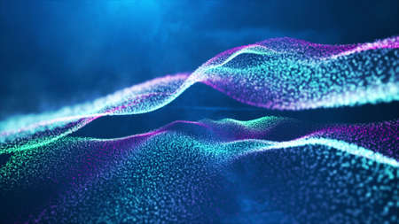 Background with bokeh and light effects. Glow gradient multicolor particles form lines, surfaces, string structures as virtual space or hologram for HUD screen.の写真素材