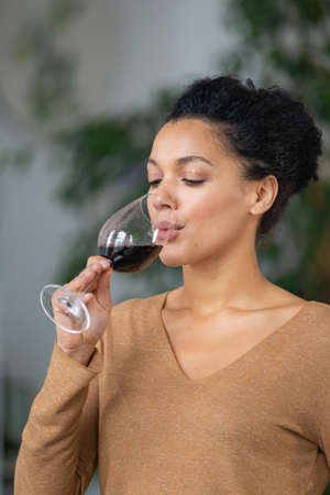 Portrait of a young African American woman drinking red wine from glass goblet. Cute mixed race female is enjoying taste of drink against blurred background of light room with green plants. Close up.の写真素材
