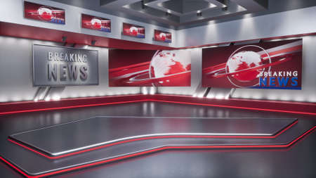 3D rendering Virtual TV Studio News, Backdrop For TV Shows. TV On Wall.