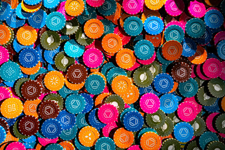 Set of colored poker chips on a gaming table in a casino. Gambling chips in a poker club. Casino...