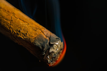Smoking cuban cigar with blue smoke on an isolated black background. A Havana cigar burns and emits smoke in a dark bar. A rolled cigarette made from tobacco leaves. Macro shot of a burning cigar.の写真素材