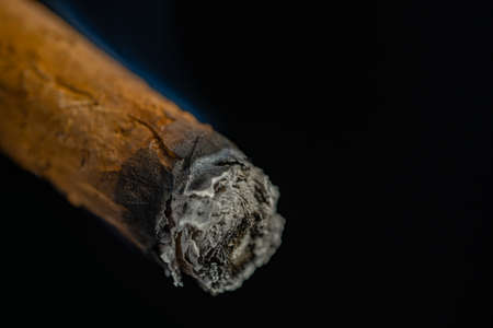 Smoking cuban cigar with blue smoke on an isolated black background. A Havana cigar burns and emits smoke in a dark bar. A rolled cigarette made from tobacco leaves. Macro shot of a burning cigar.の写真素材