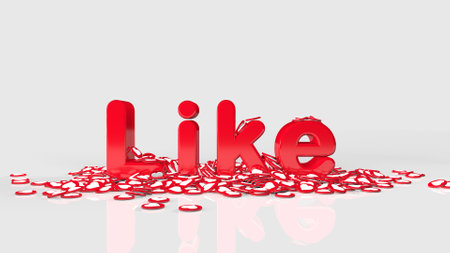 3D rendering red lettering Like on a white background. Words Like with pile of fallen red hearts icons. Symbols of approval and popularity for social networks. Voting buttons for Internet subscribers.の写真素材