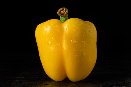 Pod of yellow sweet pepper is wet in drops of moisture on black isolated studio background. Juicy ripe bell pepper covered with water drops on wooden table. Fresh vegetable for making salad. Close up.の写真素材
