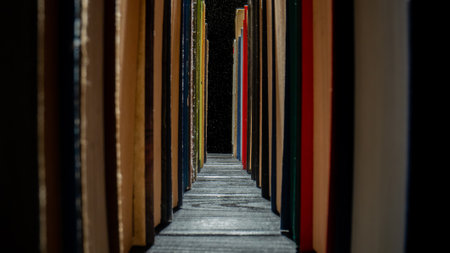Rows of books with colored covers arranged on bookshelf in library. Old books with red, green and blue covers on isolated black background with dust particles. Textbooks on wooden dark table. Close upの写真素材