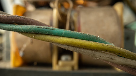 Macro shot of old brown, yellow, green and white twisted wires in dust and cobwebs. Dirty dusty cords on a blurred background of a disassembled vintage rotary telephone. Interior details of old phone.の写真素材
