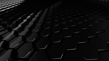 Black geometric surface of glossy shiny honeycombs. 3D rendering of reflective hexagons connected together in graphic pattern. Computer geometric background for screensaver, presentation or wallpaper.の写真素材
