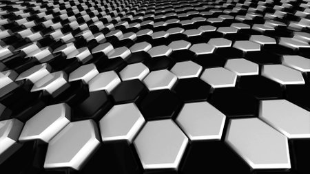 Black and white geometric surface of glossy shiny honeycombs. 3D rendering of reflective hexagons...