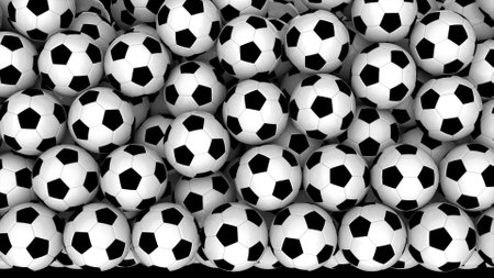 3D rendering of round black and white soccer balls filling the screen. Computer graphic of geometric background made from balls for game of football. Graphic pattern for sports wallpapers.の写真素材