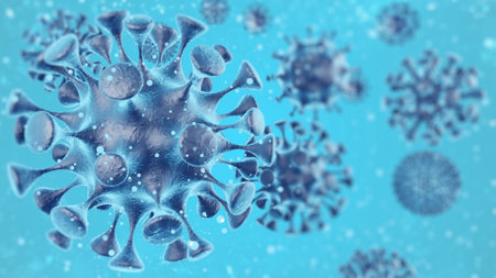 3D render of abstract silver bacteria or virus in spherical shape with long antennas on blue background. Computer graphics of influenza particles, coronovirus, smallpox, ebola or monkeypox.の写真素材