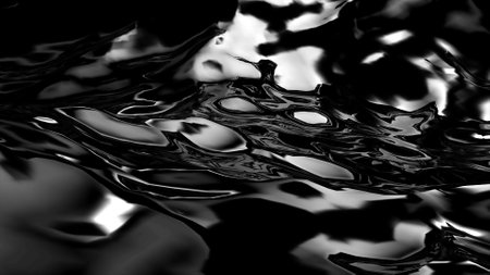 3D rendering of black water wave surface. Geometric computer graphic background of glossy reflective sea or ocean surface texture with ripples. Oil or petroleum spill. Bumpy form of liquid.の写真素材