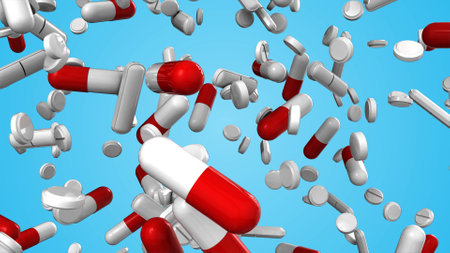 Realistic 3D rendering of medical capsules and pills falling on blue isolated background. Computer graphics of white and red tablets and capsules. Medical drugs, vitamins or antibiotics.の写真素材