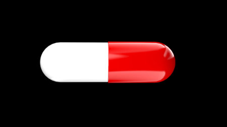One pharmaceutical capsules on black isolated background reflecting off surface. Realistic 3D rendering of red and white medical capsules with glossy surface. Medical drugs, vitamins or antibiotics.の写真素材