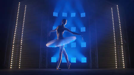 Theatrical ballet performance performed by young ballet dancer in white tutu. Silhouette of young slender woman dancing gracefully against backdrop of smoke and spotlights with soft blue light.の写真素材