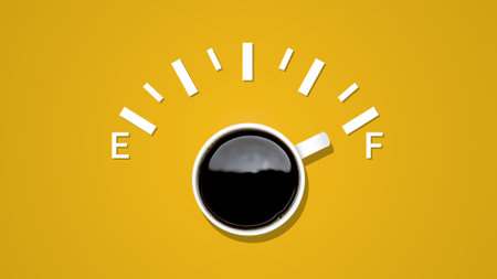 Scale of fuel indicator, showing fuel level with cup black coffee at yellow background. Coffee...