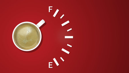 Scale of fuel indicator, showing fuel level and cup coffee with foam at red background. Coffee creative idea background. Loading status bar. Modern Web icon. Graphic style with cup coffee.の写真素材