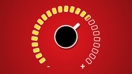 Scale of fuel indicator, showing fuel level with cup black coffee at red background. Coffee creative...