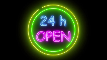 Computer graphics of neon OPEN 24h sign on black background. Electric luminous billboard, banner...