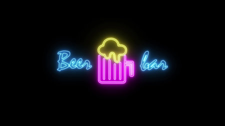Neon glowing sign with mug of foamy beer on black background. Computer graphics of electric luminous billboard, banner from blue purple neon tubes. Neon alcohol drink sign shiny for pub or bar.の写真素材