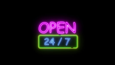 Computer graphics of neon OPEN 24h sign on black background. Electric luminous billboard, banner...