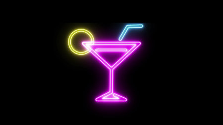Neon glowing sign with cocktail glass and straw on black background. Computer graphics of electric luminous billboard, banner from blue purple neon tubes. Neon sign shiny for Cocktail bar.の写真素材