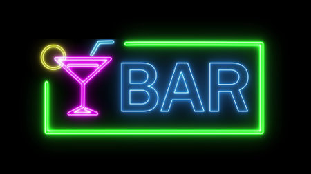 Neon glowing sign with cocktail glass and straw on black background. Computer graphics of electric luminous billboard, banner from blue purple neon tubes. Neon sign shiny for Cocktail bar.の写真素材