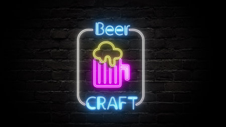 Neon glowing sign with mug of foamy craft beer on black brick wall. Computer graphics of electric luminous billboard, banner from blue purple neon tubes. Neon drink sign shiny for pub, bar, brewery.の写真素材