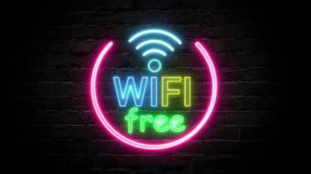 Neon glowing sign with free wifi network access on black brick wall. Computer graphics of electric luminous billboard, banner from blue purple neon tubes. Neon signboard of zone hotspot internet.の写真素材