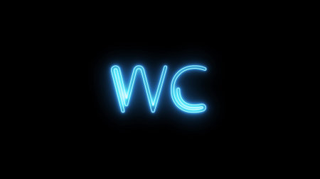 Neon glowing sign with wc room on black background. Computer graphics of electric luminous billboard, banner from blue neon tubes. Neon signboard zone of toilet, restroom, shiny for bar, mall, cinema.の写真素材