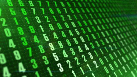 Vertical digital code in the matrix style. White and green numbers on black background. Columns code of digital symbols, composed by a sequence from zero to nine. Secure data concept. Computer graphicsの写真素材